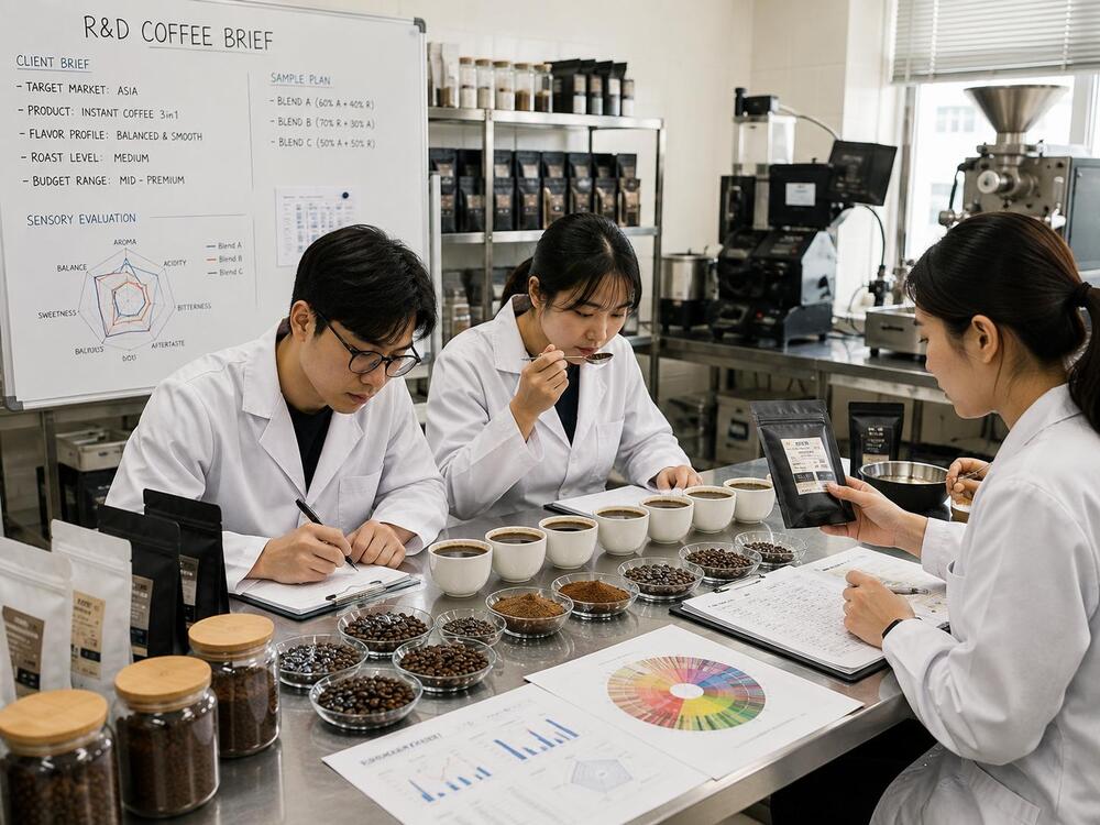 Đội ngũ R&D thử mẫu cà phê theo brief khách hàng